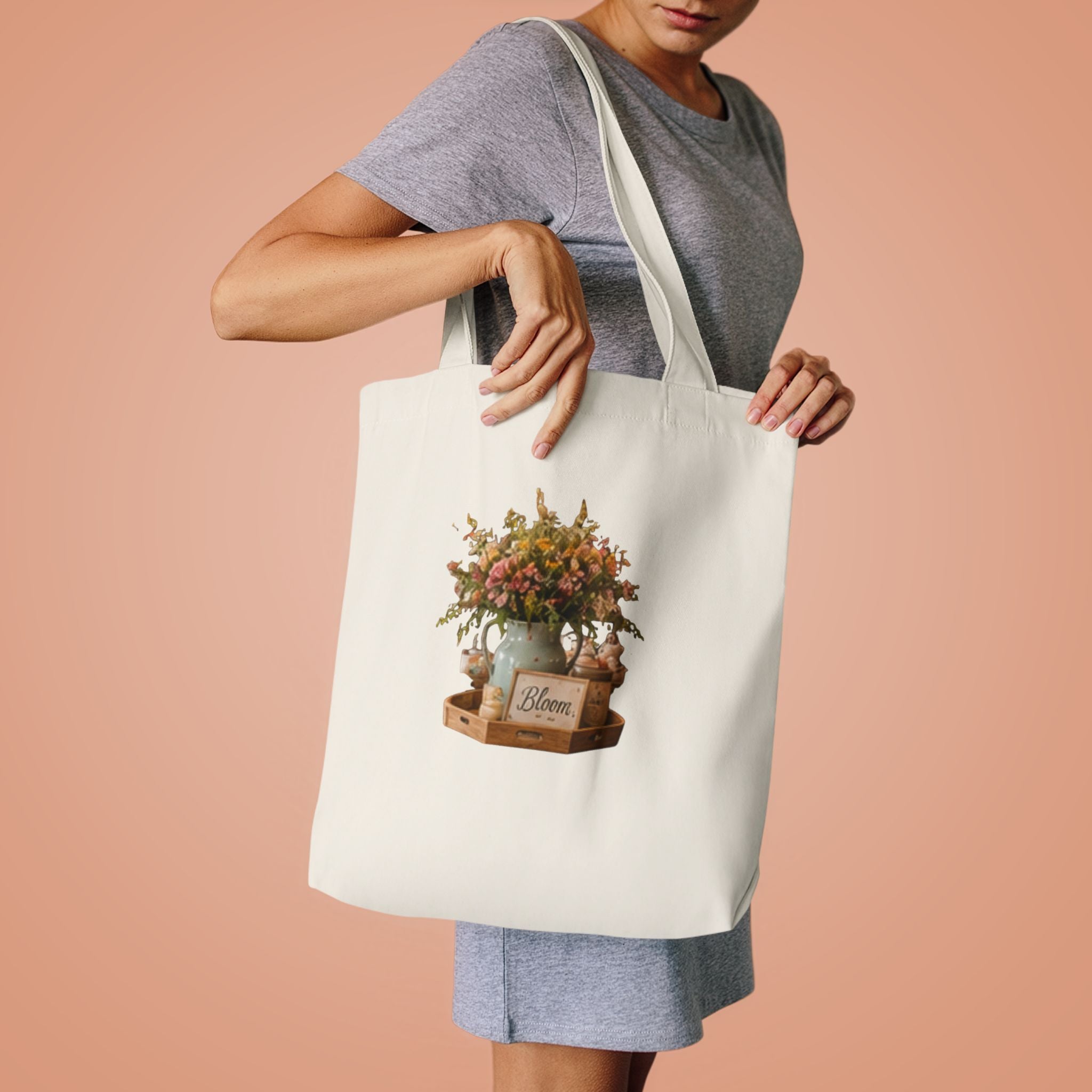 Floral Basket Cotton Tote Bag – Rustic Bloom Garden Design